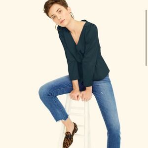 J. Crew Factory Hunter Green V Neck Button Front Peplum Blouse NEW